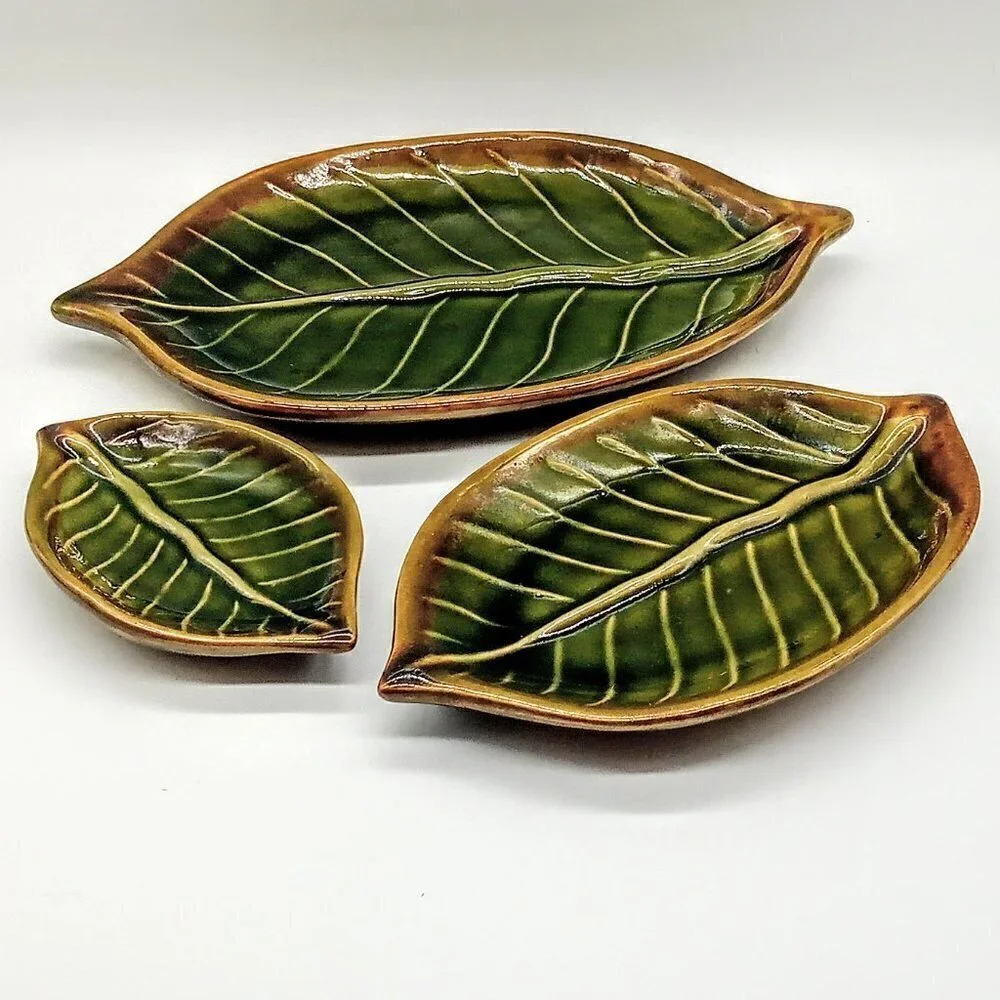 Set of 3 Pier 1 Green Leaf Ceramic Nesting Trays